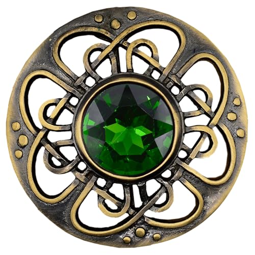 Image of Elegant Culloden Plaid Brooch - Scottish Kilt Fly Plaid Brooch Intricate Celtic Knot in Pewter with Gemstone 3-Inch Diameter - Ideal for Scottish Kilts & Formal Wear