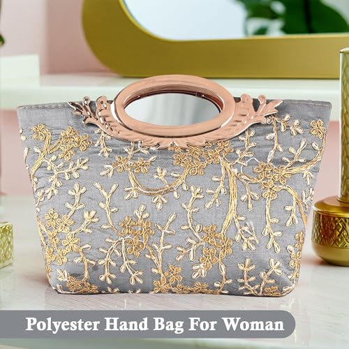 Image of Kuber Industries Polyester Hand Bag for Woman with Zip Closure | Ladies Purse | Lightweight Party and Wedding Clutch Purse for Women | Kada Design - Grey