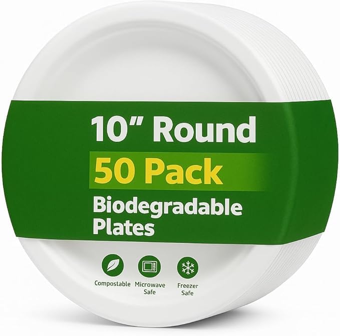 Omberan Premium Quality Strong Disposable Plates - 25cm/10Inch - 50 Pack Ecofriendly Biodegradable Compostable Bagasse Plates - Sturdy for Hot and Cold Foods - Perfect for Any Party, Picnic or Event