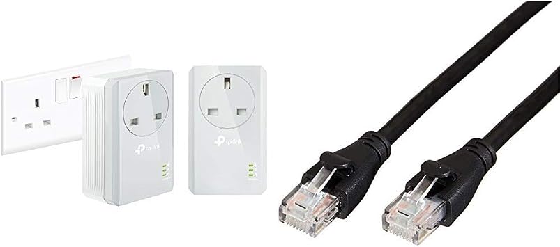 TP-Link TL-PA4010PKIT Passthrough Powerline Adapter Starter Kit, No Configuration Required, UK Plug, Pack of 2 & Amazon Basics RJ45 CAT6 Ethernet LAN Patch Cable 1.5 m / 5 Feet [1,000 Mbps 1 Gbps]