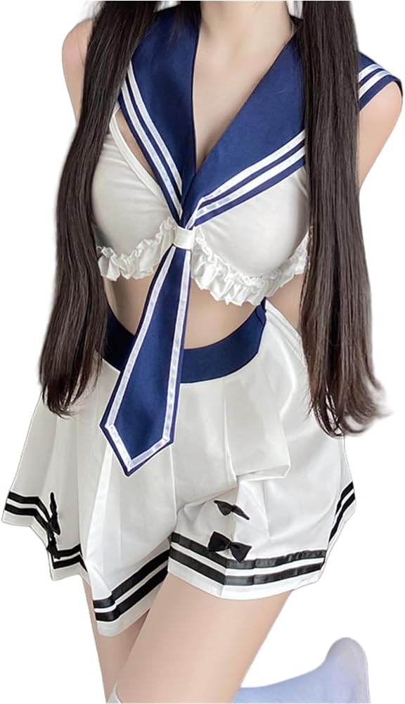 Japanese Anime Schoolgirl Outfit for Women, Sexy Cosplay schoolgirl suit Sailor Costumes, JK Harajuku Crop Top Tie up Pleated Skirt, Adult Naughty Cosplay Fancy Dress