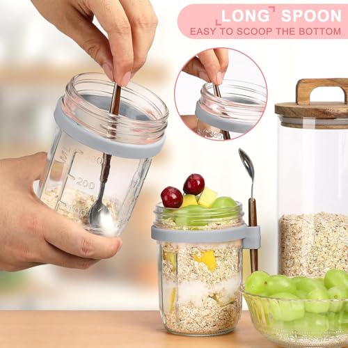 Image of PATZY 350 ml Oats Container With Lids And Spoon set of pc Glass Mason Jars For Overnight Oats Leak Proof Container with Measurment For Cereal Fruit Vegetable Milk Salad Yogurt (Multicolor) (1)