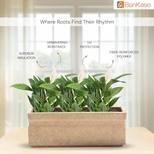 Image of BonKaso 21 inch Beige Pot - Tall, Durable & Lightweight Polymer Rectangle Planter for Indoor & Outdoor Use: Home, Office, Garden & Balcony (Gamla /Gamale)