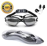 Adult Swim Goggles by POPO - Anti Fog UV Protection with Free Goggle Case, Nose Clip, Ear Plugs - Silicone Strap with Adjustable Clips - Professional Racing Goggles for Triathlon, Men, Women, Youth