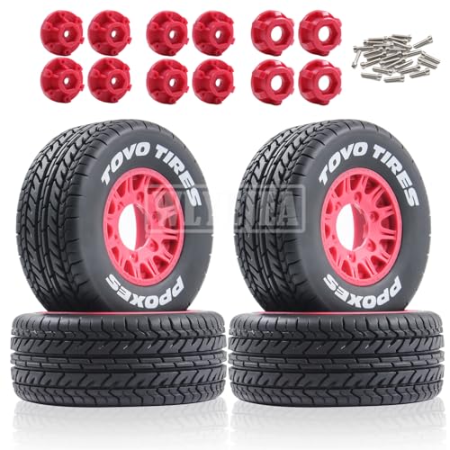 WLYEJEA 4PCS 1/8 1/10 RC Short Course Truck Tire 113mm RC Rubber and Hard Plastic Wheel Hub 12/14/17mm Hex Fit for TRAXXAS Slash4X4 ARRMA SENTON 4X4 V3 Losi Ford Raptor Baja Rey