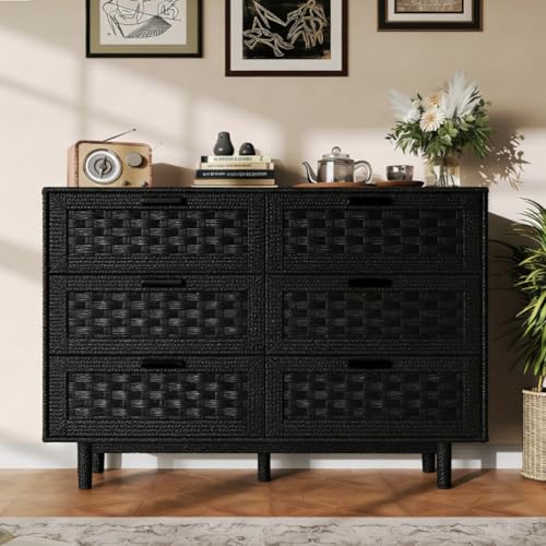 MEXUS Commode Chambre, Commode 6 Tiroirs Rotin, Commode Bois Massif, Applicable Organisez Facilement Soin Cosmétiques Bijoux et Autres Articles Catégories...