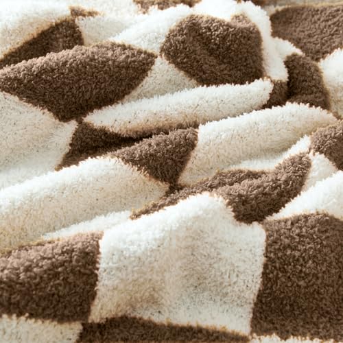 Image of CozeCube Brown White Reversible Checkered Knit Throw Blanket 50 inchx60 inch