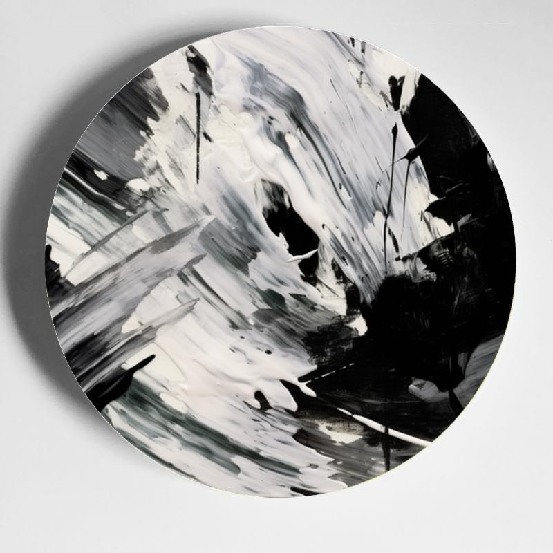 Large Ceramic Decorative Plate with Display Stand 10 Inch Round Plate for Home Decor and Table Decor Impressionist Black and White Lines Design Perfect for Home and Parties Wall and Table Decor.