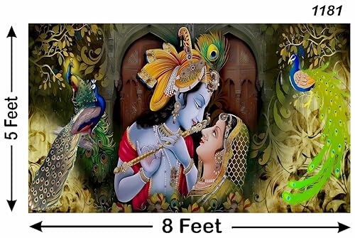 Image of Radha Krishna Design Backdrop for Pooja Decoration Traditional /Background Curtain Cloth for Pooja /Festival Size 5 Feet Height and 8 Feet Width(5 * 8)