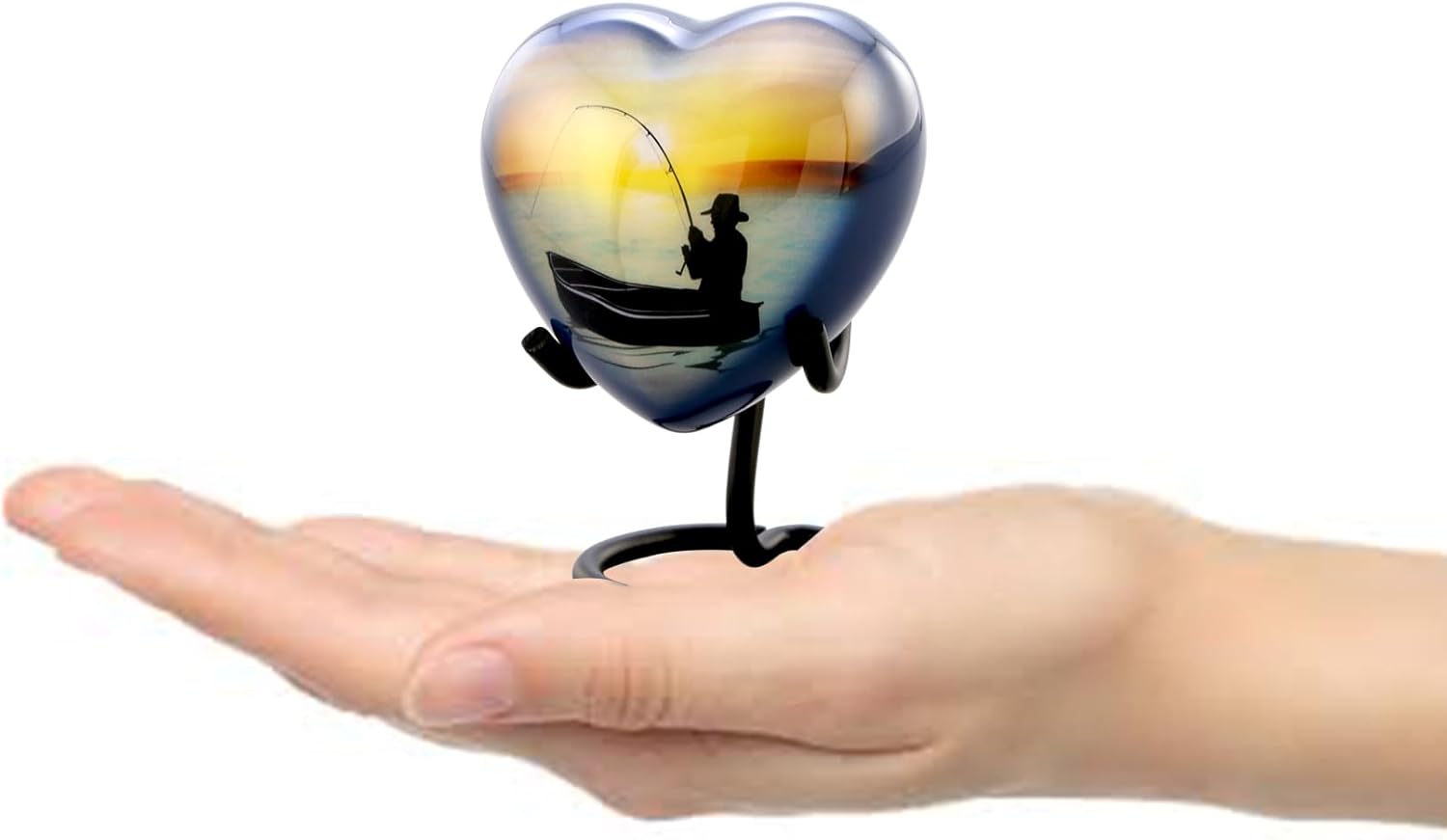 Fishing Heart Keepsake Urn - Gone Fishing Mini Cremation Urns - Fisherman Funeral and Memorial Sharing Heart Urns for Human Ashes with Display Stand, Premium Box, Bag & Funnel (Heart Keepsake)