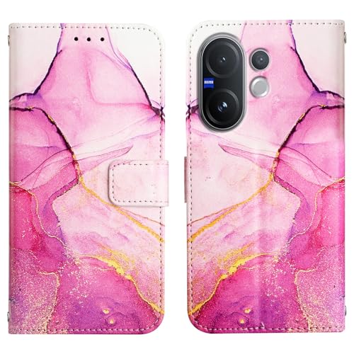 Image of ClickCase for vivo V60e 5G Marble Series Faux Leather Back Case Card Holder Wallet with Magnetic Closure Flip Cover for vivo V60e 5G (Pink)
