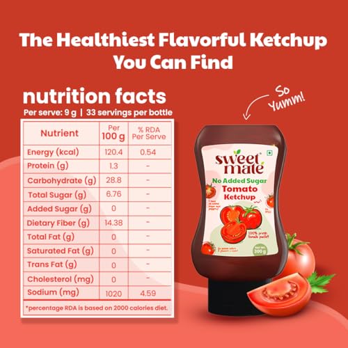 Image of Sweetmate Tomato Ketchup | No Added Sugar & Jaggery | Low Calorie | Tastes like Regular Tomato Ketchup | Natural Ingredients | No Artificial Color, Flavor or thickeners | Ideal for All Ages - 300g x 2