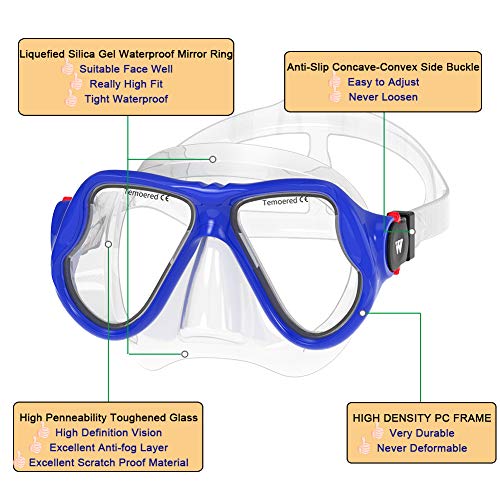 Wacool Adults Snorkeling Snorkel Scuba Diving Package Set Gear With Travel Full Foot Short Swim Pocket Fins Anti-Fog Coated Glass Silicon Mouth Piece Purge Valve And Anti-Splash (Blue,Xl) #TOP3