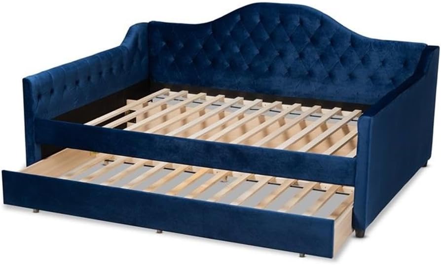 BOWERY HILL Velvet Upholstered Full Daybed with Trundle, Blue Finish, Solid Rubberwood & MDF, Button Tufted, Modern Contemporary Design, Tapered Feet, Space-Saving Guest or Bedroom Furniture