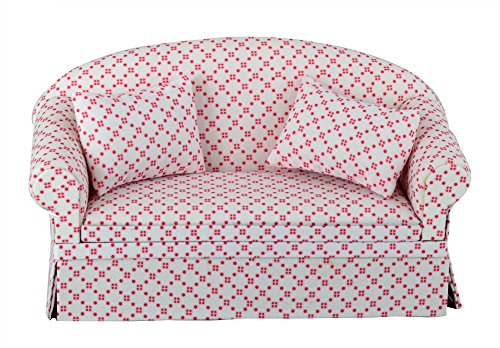 Dollhouse Sofa Couch With Throw Pillows, Miniature Living Room Furniture Chair, White With Red Dots Fabric, Accessories For 6 Inch Dolls, 1/12 Scale #TOP1