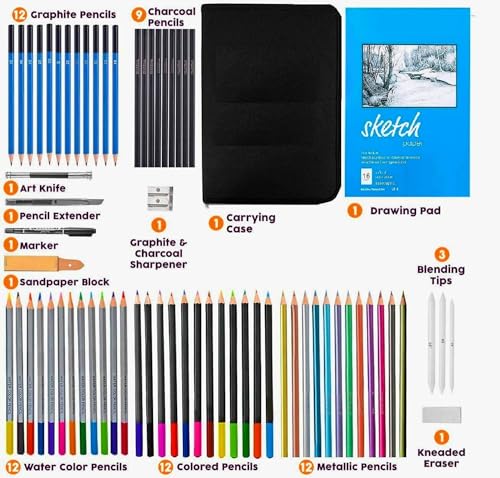 Image of Corslet 72 Pcs Art Pencil Sketch Kit Drawing for Artists Kit Graphite Colored Charcoal Sketch Book Stumps Eraser Sketching Kit for Artist Drawing