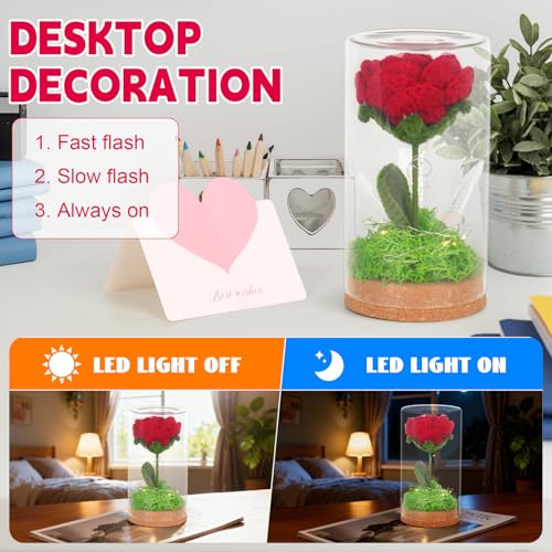 Hojalis Gehäkelte Blumen, Gehäkelte Künstliche Blumen Mit Licht, Ewige Rose Im Glas, Häkelblumen Mit Grußkarte,Handgemachte, Häkelblume Für Mama Frau Freundin, Jubiläum/Valentinstag Frauen