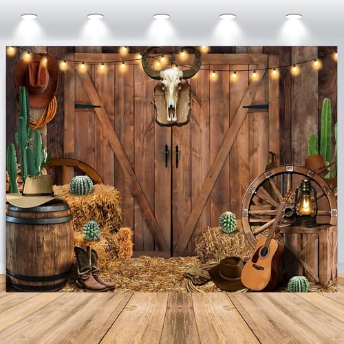 ASDCXZ Telón de Fondo Vaquero del Oeste 2.2x1.5m, Retro West Rústico Puertas de Madera Granero Fotografía de Fondo Pared Baby Shower Cumpleaños Boda Fiesta Occidental Decor Banner Estudio Accesorios