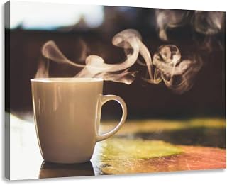 Wall Art Canvas decor Prints Painting Close up steaming cup coffee tea vintage table early morning breakfast Nature Pictures Framed for Living Room Bedroom Kitchen Home and Office24x32in