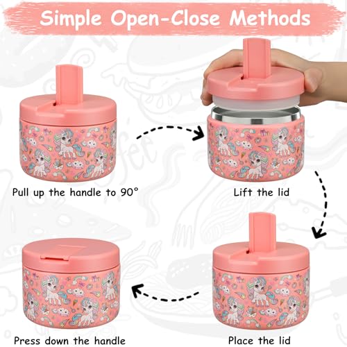 12oz Insulated Vacuum Food Jar with Buckle Lid Wide Mouth Soup Thermo for Hot Food Kids Leakproof Stainless Steel Lunch Container (Pink-Horse)
