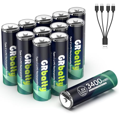 GRbatty USB Wiederaufladbare AA Lithium Akkus 12 Stück, 1,5V USB C Wiederaufladbare Batterien AA 3400mWh, mit 4-in-1 Ladekabel, 1 Stunde Schnelles Aufladen