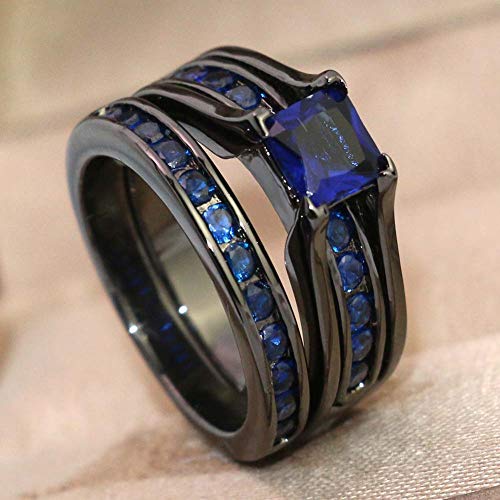 TWO RINGS His Hers Wedding Ring Sets Couples Rings Women's Black Gold Plated Blue Sapphire CZ Wedding Engagement Ring Bridal Sets & Men's Titanium Wedding Band2