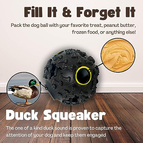 Image of Squeaky Ball Toy Treat Food Dispenser Ball Toy with Duck Sound, Dental Cleaning and Interactive Toy for Small Medium Dogs (Black)