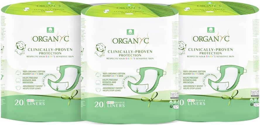 Organyc 100% Certified Organic Cotton Baby Diaper Liner for Sensitive Skin, Fits All Brands and Sizes Diapers Except New Born, 20 Count (3 Pack, One Size)