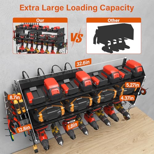 JUNNUJ Large Pegboard Power Tool Organizer with Charging Station, 8 Drills Driver and Tools Battery Holder Wall Mount with 8 Outlet Power Strip, Black 3-Layer Shop Garage Storage Utility Rack - Thumbnail 4