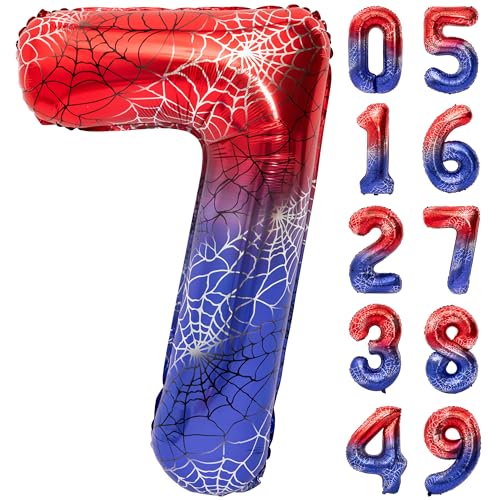 Image of 40 In Red And Blue Spider Theme Large Number 7 Balloon | Giant Large Helium Foil Balloon for Boy or Girl 7 th Birthday Wedding Anniversary Baby Shower Party Decorations