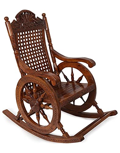 Image of SHAHAZ CRAFTS? Antique Look Resting Traditional Rocking Chair Wood with Armchair for Indoor, Outdoor & Garden (Sheesham Wood, Brown