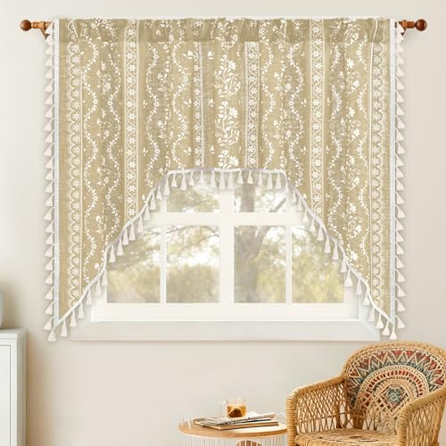 Image of Yinhua Boho Swag Valance Curtains Vintage Linen Valances for Windows Light Filtering Floral Kitchen Valance Rod Pocket Farmhouse Rustic Tassel Window Valances for Bathroom Cafe, 60 inch W x 36 inch L, Natural
