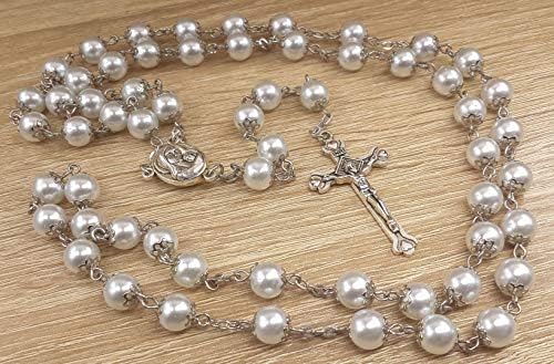 Nazareth Store White Pearl Rosary Beads Catholic Necklace Holy Soil Medal Cross Christian Holy Land Religious Gifts Rosaries for Women and Men