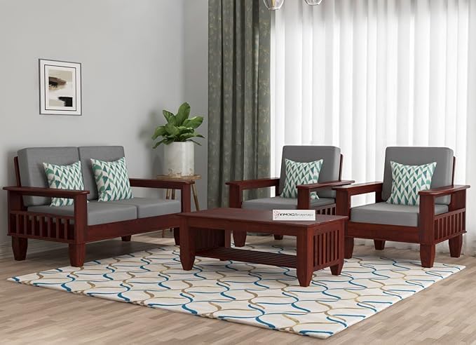Image of Sheesham Wooden 4 Seater Sofa for Living Room | Rosewood 4 Seater Cushion Sofa with Side Newspaper Holder for Home & Office (-Mahogany Finish,2+1+1 Seater)