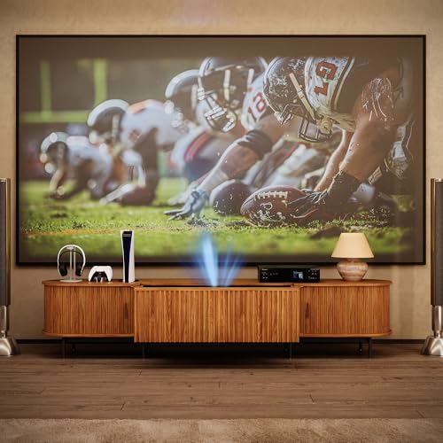 POVISON Smart 126" Ultra Short Throw Projector Cabinet, Mid-Century Modern Electric TV Stand for Entertainment Center, Linkage Memory Function and Ample Storage Space, Walnut Color