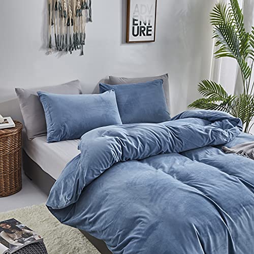 Pureant Blue Velvet Comforter Sets Queen Women Men Solid Lake Blue Fluffy Bedding Comforters Cotton Adults Teens Modern Plain Haze Blue Flannel Quilts Warm Winter Micromink Sherpa Blankets Aesthetic #TOP4