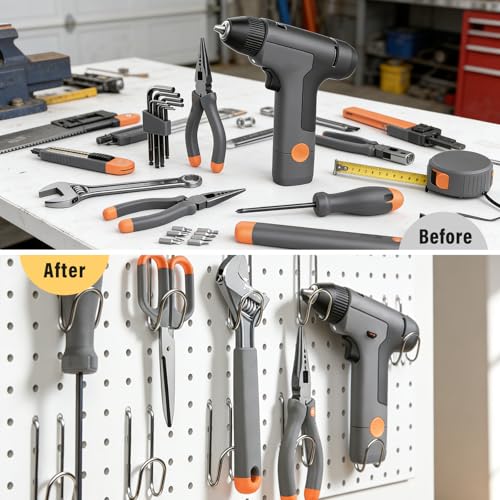 Image of DEWEL Peg Board, 23 inch x 12 inch Peg Board Tool Organizer Panel Set, 2 Pack Metal Pegboard Panels with Accessories, Heavy Duty Pegboard for Walls Home, Garage, Office, Craft Room, Kitchen(2pcs white)