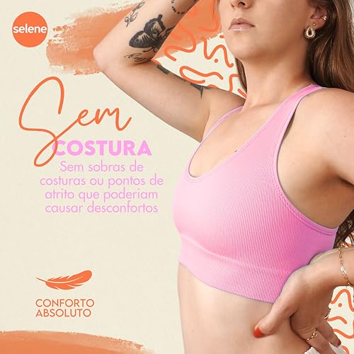 SELENE Top Academia Sem Costura Canelado Poliamida Nadador Sem Costura Feminino, Rosa Claro, P