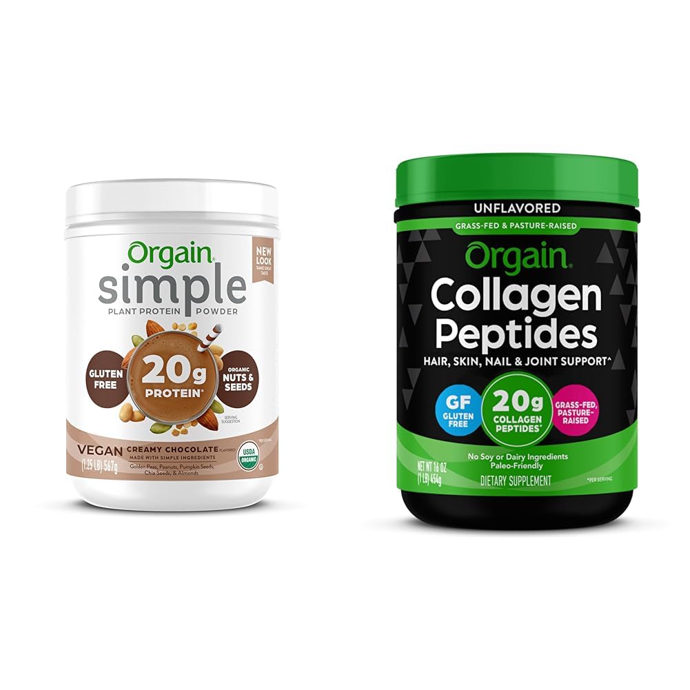 Orgain Organic Simple Vegan Protein Powder, Chocolate, 1.25lb Hydrolyzed Collagen Peptides Powder, Unflavored, 1lb