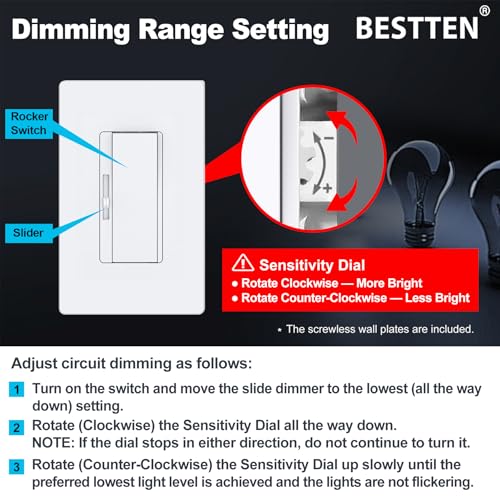 Image of BESTTEN 6PK Slim Dimmer Light Switch, Single Pole or 3 Way Dimmable Switch | ETL Listed, Max 300W LED, CFL, 600W Incandescent, Quiet Rocker, Screwless Wall Plate Included, White