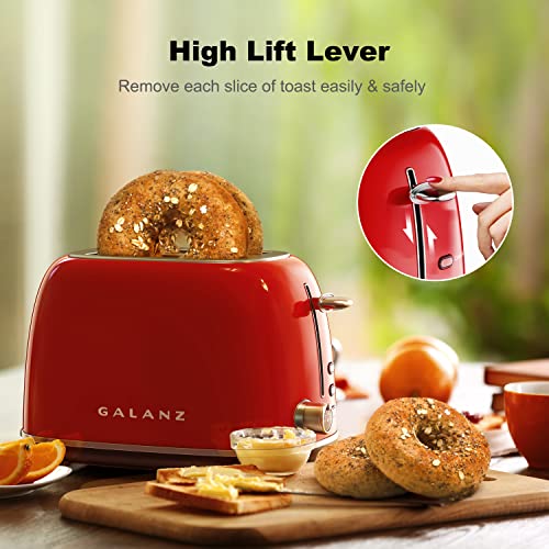 Galanz 2-Slice Toaster, 1.5" Extra Wide Slots For Bagels & Thick Bread, Defrost And 6 Browning Levels, Includes A Dust Lid & Removable Crumb Tray, Retro Red #TOP4