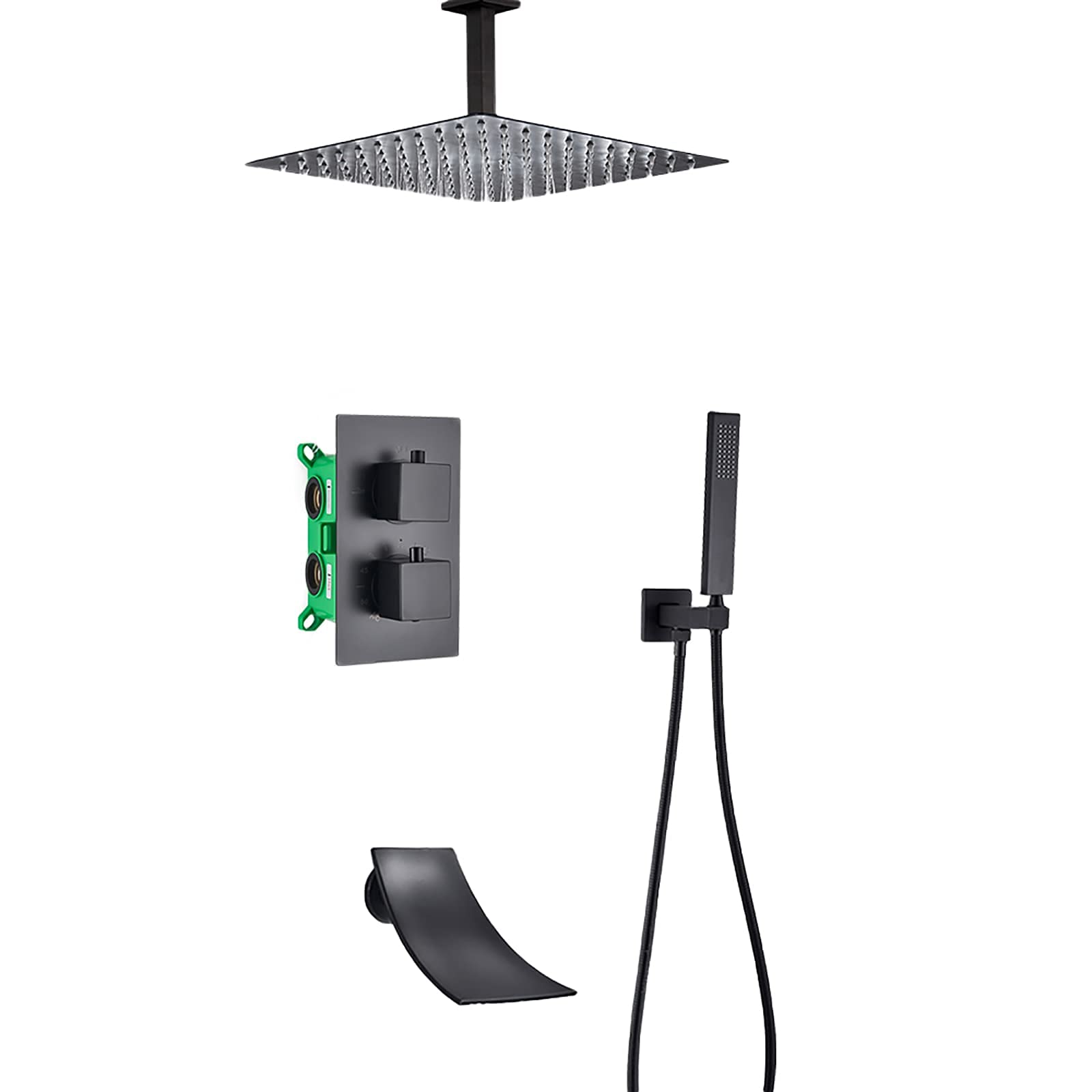 OZBMA shower set thermostatic system with waterfall tub spout black faucet ceiling mounted square rainfall head handheld rain mixer combo set,