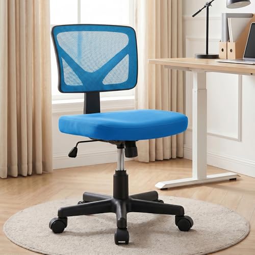 Image of OLIXIS Armless Office Chair, Ergonomic Desk Chair with Wheels, Mesh Back, Removable Washable Foam Cushion, Height Adjustable Rolling Swivel Chairs for Small Space, Home, Office, Blue