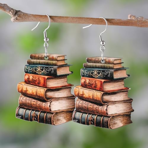 Handmade Wooden Stackable Book Dangle Earrings Lightweight Teacher Student Stack of Books Reading Earrings for Women Librarian Teachers Appreciation Day Gifts Graduation Back to School Jewelry4