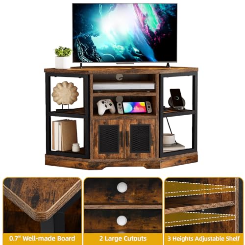 DWVO Farmhouse Corner TV Stand for Living Room, TV Stand for 55 Inch TV, Entertainment Center with Storage and Power Outlet, TV Console Cabinet, Rustic Brown