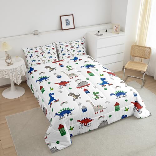 Image of Feelyou Kids Cartoon Dino Comforter Set King Size, Blue Green Dinosaur Bedding Set Boys Girls Kawaii Comforter Jungle Dino Duvet Insert 3Pcs