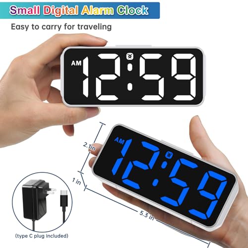 Image of Peakeep Tiny Small Digital Alarm Clock Plug in for Kids Bedroom Bedside Nightstand, 8 RGB Colors Large Display Dimmable 6 Brightness, Corded Electric Battery Backup (White - RGB)