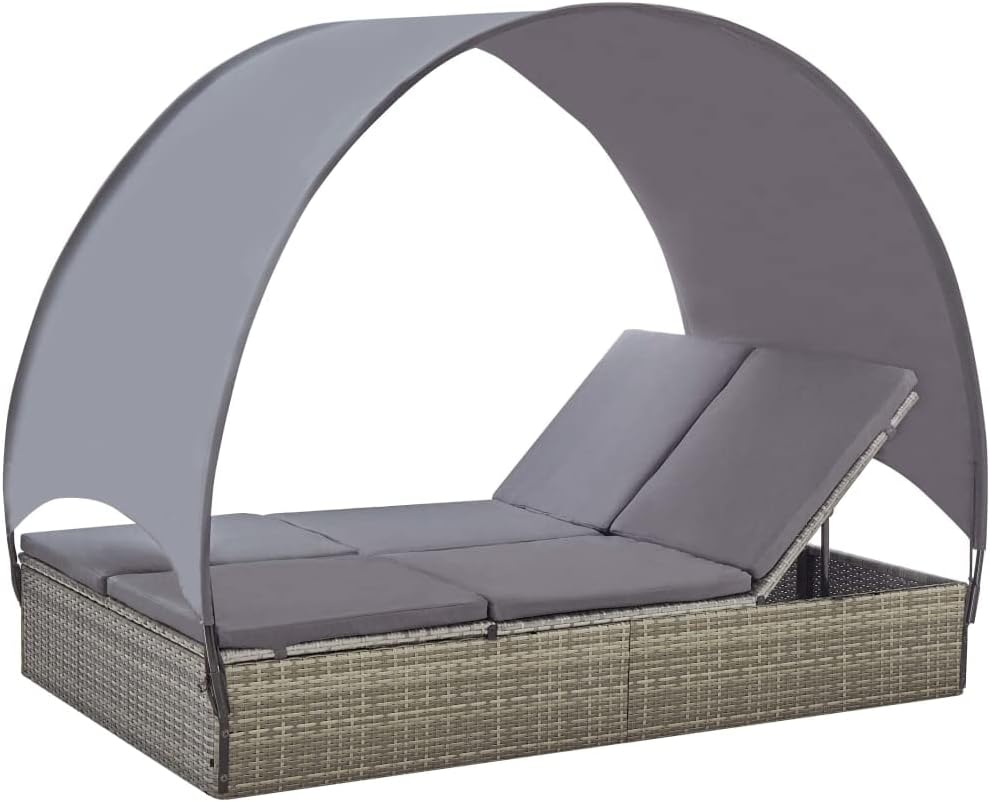 vidaXL Double Sun Lounger, Patio Rattan Daybed with Canopy, Wicker Sun Lounger with Cushions for Garden Backyard Porch, Poly Rattan Gray
