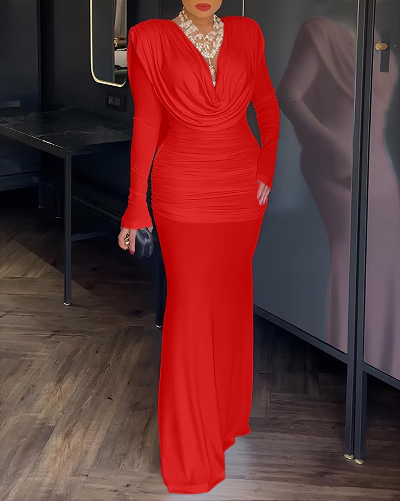 CHICME Women's Cowl Neck Ruched Slim Fit Maxi Dress Long Sleeve Backless Evening Wedding Guest Bodycon Dress - Image 2