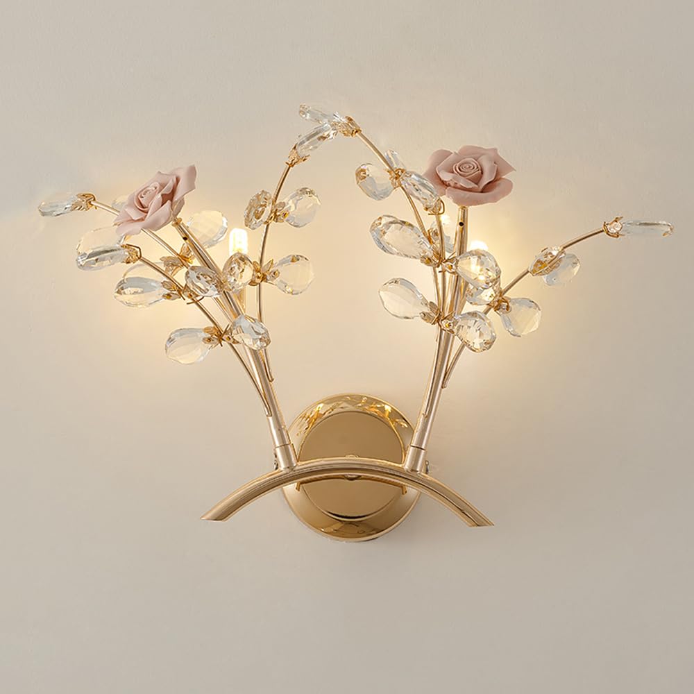 HUAYUSEDF French Country Ceramics Wall Sconce 2-Lights Modern Pink Flower Crystal Light Fixture Mid Century Bedroom Mounted Lighting Indoor Hallway Lamp for Living Room Bedside Aisle